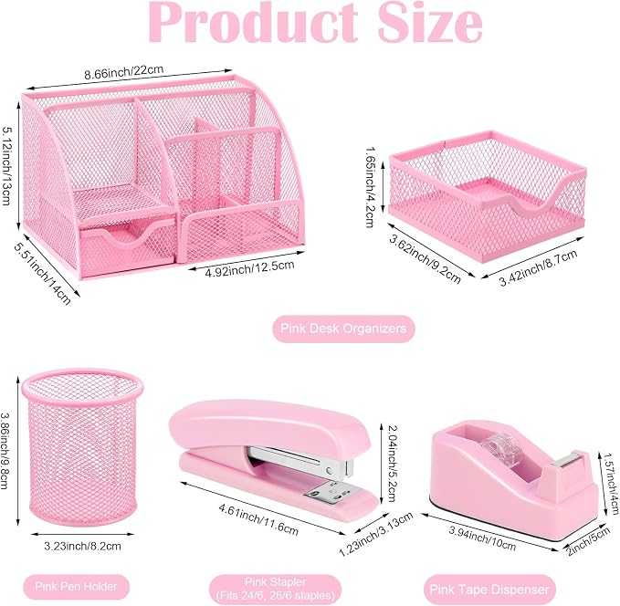 auroray Pink Desk Organizers and Accessories, Pink Office Supplies Include Mesh Desk Organizer, Tape Dispenser, Stapler, 1000 Staples, Staple Remover, Pen Holder, Clips Set, Ruler, Scissors