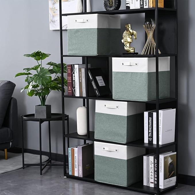 FinishingBo 13x13x13 Storage Cube Bins 6 Pack, Cube Shelf Baskets | Foldable Storage Cubes, Linen Storage Bins with Handles, Closet Organizers, White/Green
