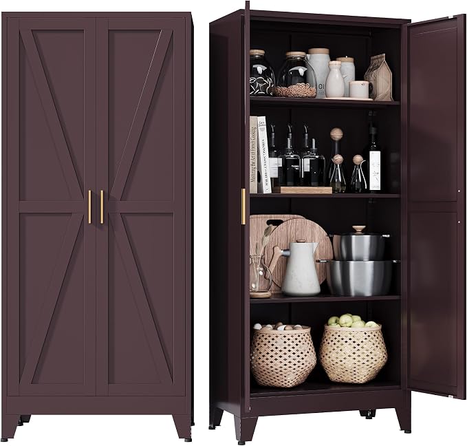 COFaR Metal Pantry Cabinet, Kitchen Storage Cabinets with 2 Barn Door, 3 Adjustable Shelves and Legs, for Cupboard/Dining Room/Bathroom/Living Room/Office/Laundry Room (Red, 61" Farmhouse)