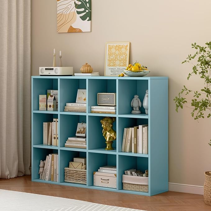 OSCHF 12-Cube Storage Shelf Bookcase, Light Blue | Wooden 3-Tier Open Bookshelf, Fits 11×11" Bins, Vertical or Horizontal Use, Full Back Panels, For Home Office