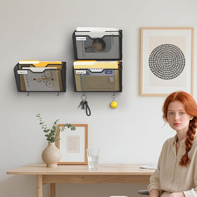 Docnest 3 Pack 2 Tier Mesh Wall File Holders with Hooks for Mail, Black | Space-saving vertical design with utility hooks. Ideal paper document organizer for office, home, and school