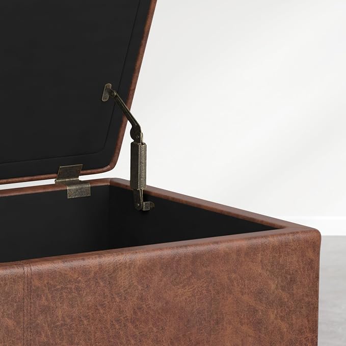 SIMPLIHOME Avalon Storage Ottoman Bench - 54 inch Wide Upholstered Vegan Leather Extra Large Rectangle Ottoman Bench in Distressed Pecan Brown, Contemporary Ottoman for Living Room with Lift-Up Lid