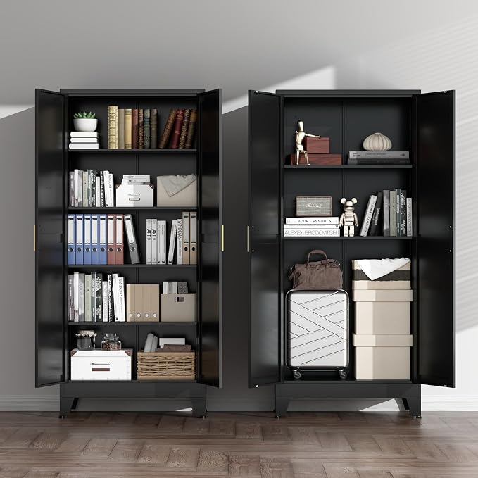 COFaR Black Farmhouse Storage Kitchen Pantry Cabinet with 2 Barn Door, 4 Adjustable Shelves and Legs, for Cupboard/Dining Room/Bathroom/Living Room/Office/Laundry Room (Black, 71" Farmhouse)