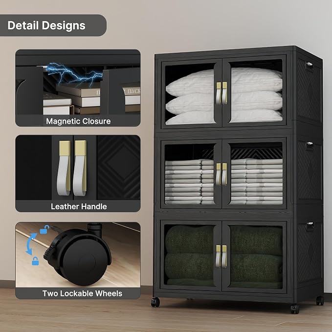 Stackable Storage Bins with Lids, 480QT Extra Large Storage Cabinet | Clear Doors, Foldable Storage Drawers, Heavy Duty, Collapsible Closet Organizers for Bedroom Office (3, Black, 180, Quarts)