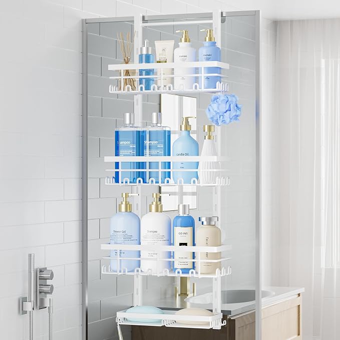 SWTYMIKI Over The Door Shower Caddy - 4 Tier Rustproof Hanging Shower Organizer with Adjustable Shelves, 40 Hooks & Soap Holder, Hanging Shower Rack Storage for Bathroom Accessories, White