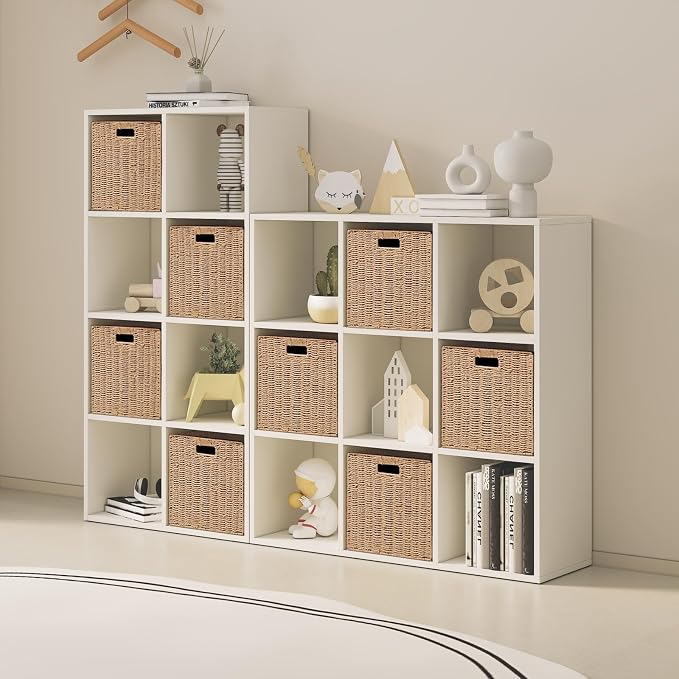 Foldable Storage Baskets with Handles Paper Rope Storage Baskets Rectangle Collapsible Hand Woven Storage Cubes Bins for Organizing Shelves Living Room Bedroom Pantry (3, 11'' x 11'' x 11'')
