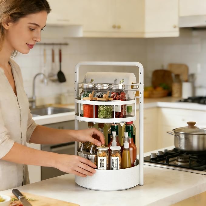 Rotating Spice Rack with Paper Towel Holder, White | 2 Tier Turntable Lazy Susan, Durable Iron, Seasoning Organizer, For Kitchen Countertop