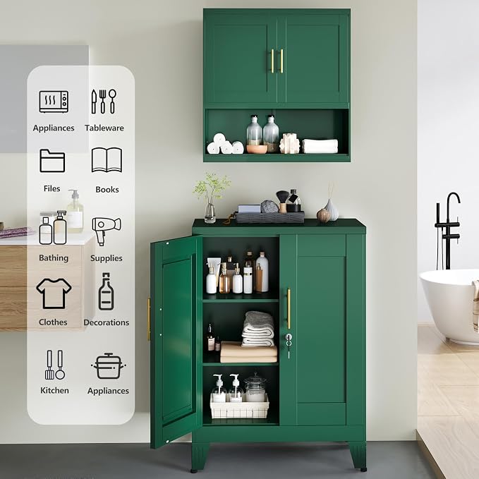 GAIOUS Green Sideboard Buffet Cabient, 35.83" Steel Kitchen Pantry Storage Cabinet with 2 Doors and 2 Adjustable Shelves, Bathroom Floor Storage, Freestanding Cupboard for Office/Kitchen/Home