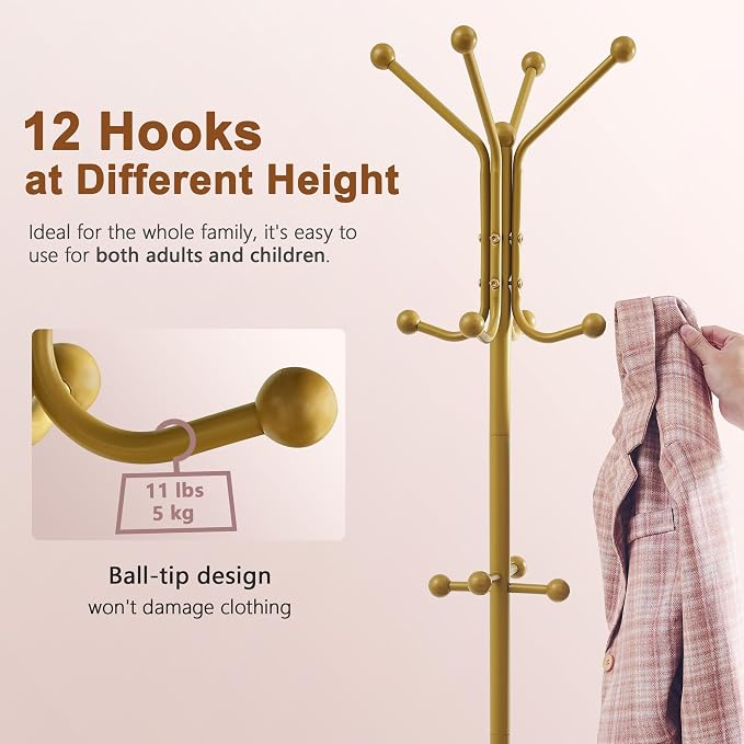 Hoctieon Coat Rack Freestanding, Coat Tree with Umbrella Holder | Metal Coat Rack Stand with 12 Hooks, Standing Coat Hanger Stand, Umbrella Stand for Entryway, Hat Rack Stand for Home Office