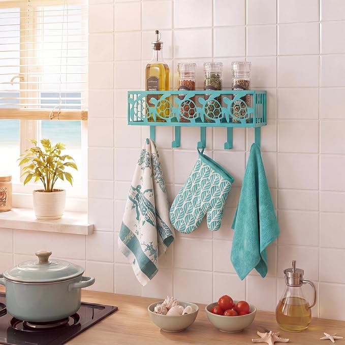 Hicarer Turquoise Sea Turtle Key Holder Wall Mount with Basket Hooks Decorative Sea Turtle Hooks Hanger Coastal Key and Mail Organizer Ocean Beach Decor for Entryway Home Apartment Dormitory