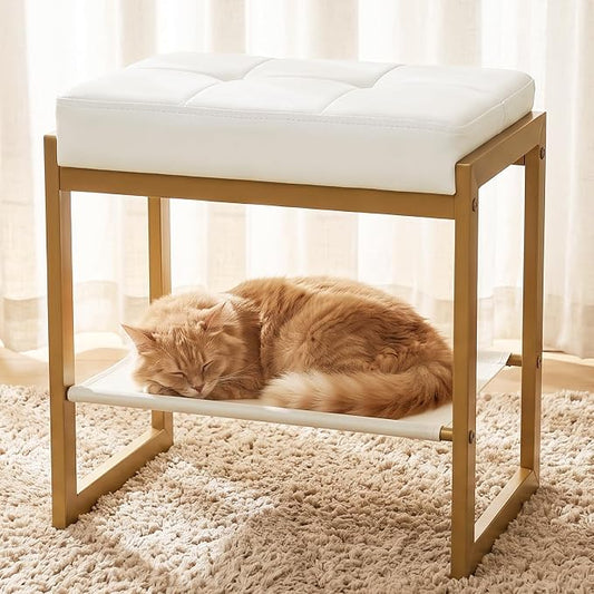 White Gold Vanity Stool, Vanity Chair Stools with a Lower Storage Shelf, Faux Leather Upholstered Ottoman Bench for Bedroom, Living Room, Modern Metal Legs Makeup Chairs