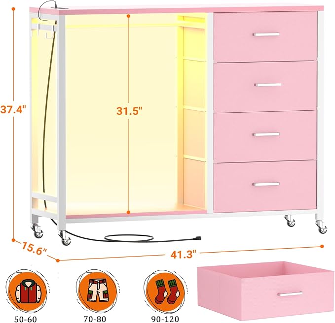 Cyclysio Storage Clothes Rack with 4 Drawers, Garment Rack with Charging Station & LED Lights, Fabric Chest Shelves Clothing Rack, Wooden Portable Wardrobe Closet