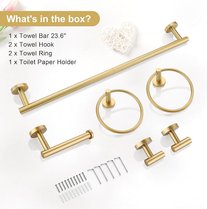 TQKAG Brushed Gold Bathroom Hardware Set 6-Piece Bathroom Accessory Set 23.6 Inch Round Stainless Steel Towel Bar Set Wall Mounted