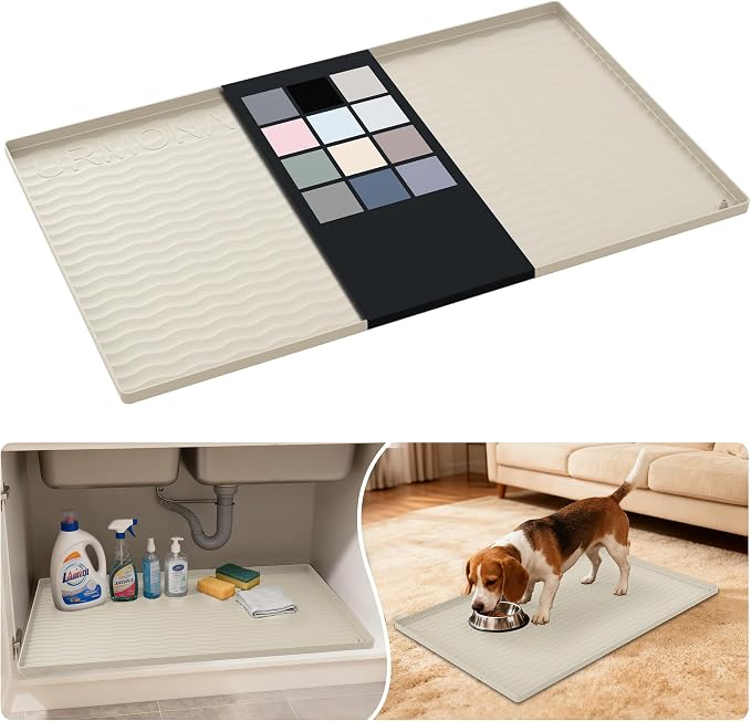 URMONA Waterproof Silicone Under Sink Mat 31'' x 19'' Shelf Liner for Kitchen and Bathroom, Cabinet and Counter Protector, Storage and Organizers, Litter Mat, Pet Cat Puppy Essentials(Cream)