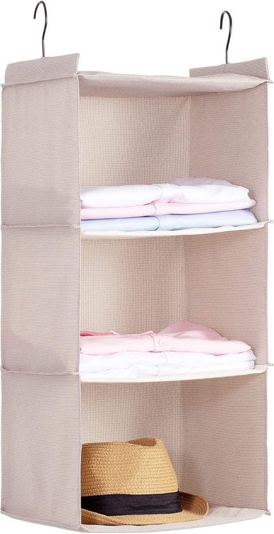 Hanging Closet Organizer 3-Tier, Oxford Wardrobe Storage, Beige Houndstooth | Easy-mount foldable design holds clothes, handbags, shoes & accessories; washable Oxford fabric, sturdy and space-saving.