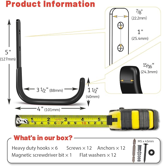Garage Hooks 4 Inch, 6 Pack Heavy Duty Wall Hooks for Hanging | Ladder Hangers for Garage Wall Mount, Steel J Utility Garden Hose Holder Tool Organizers and Storage | 55lbs