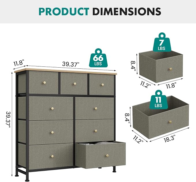OLIXIS 9 Drawer Tall Dresser for Bedroom, Closet Organizers and Storage | Fabric Dresser with Wooden Top, Chest of Drawers for Clothes Storage, Tower Cabinet, Furniture, TV Stand, Dark Green