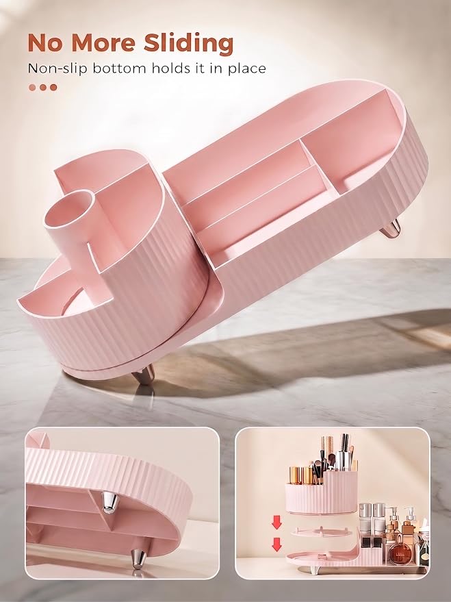 Booklov Rotating Makeup Organizer for Vanity Countertop, Pink | Plastic Cosmetic Display Case, Large Beauty Brush Holder for Bathroom Counter, Skin Care Perfumes Storage