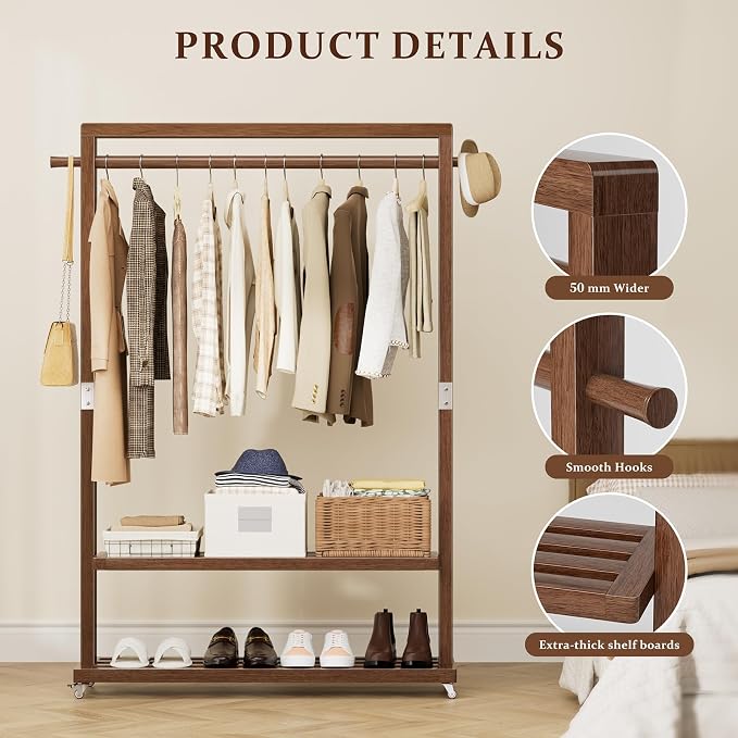Solid Wood Clothes Rack with Wheels 3-in-1 Garment Rack Extra Long Rod 2 Shelves