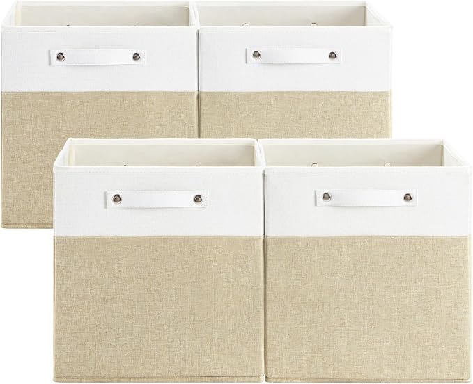 FinishingBo 13x13x13 Storage Cube Bins 4 Pack, Cube Shelf Baskets | Foldable Storage Cubes, Linen Storage Bins with Handles, Closet Organizers, White/Khaki