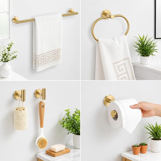 Brushed Gold Bathroom Accessories Set, 7 Pieces Gold Towel Bar Bathroom Hardware Set, 24 Inch Towel Racks for Bathroom, SUS304 Stainless Steel Bathroom Towel Holder Toilet Paper Holder Wall Mounted