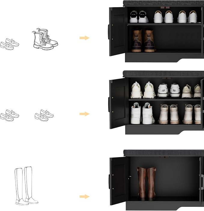 HOMSHO Farmhouse Shoe Storage Bench with 4 Barn Doors & Padded Seat Cushion | 47.2" Wide Entryway Bench with Adjustable Shelves & Hidden Storage, Black