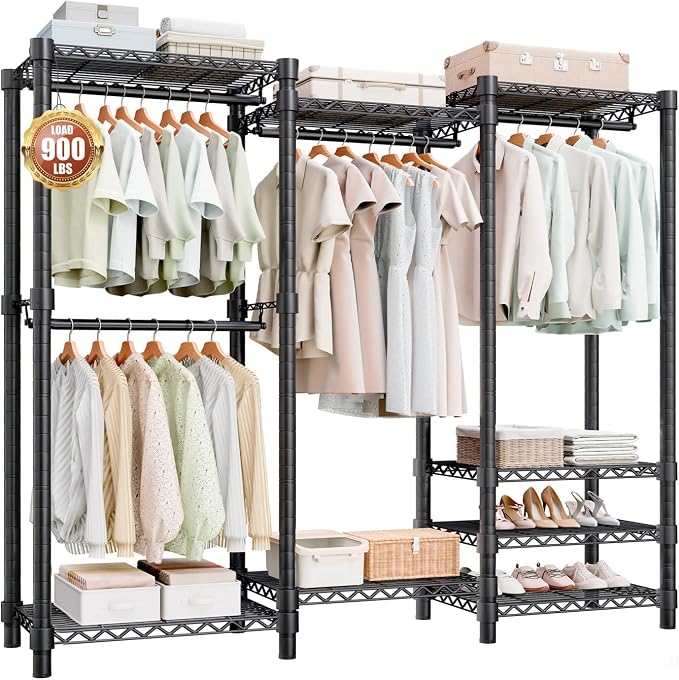 Heavy Duty Clothes Rack, Metal Garment Rack 64.8" W x 15.8" D x 76" H with Hooks, Freestanding Clothing Racks for Hanging Clothes, Portable Closet Organizer 900LBS Max Load, Easy Assembly-Black