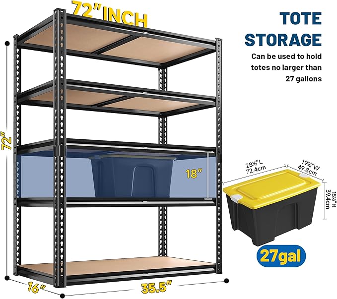 ROOMFAVE 72" H Storage Shelves 5 Tier Garage Shelving Heavy Duty,2050LBS Adjustable Metal Shelving Unit, Garage Shelves for Basement, Warehouse, Pantry, Closet, 72" H x 35.5" W x 16" D, Black,2PCS