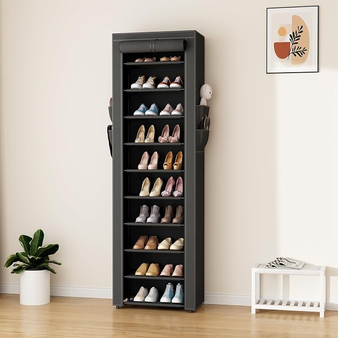 ROJASOP Shoe Rack with Covers 10 Tier Large Shoe Organizer Tall Shoe Closet Storage for 20-22 Pairs Shoe and Boot, Free Standing Shoe Rack Organizer for Closet, Entryway, Bedroom, Black