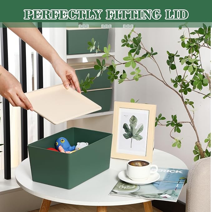 4 Pcs Storage Bins with Lids Plastic Stackable Containers for Classroom Room Organizing Shelves Christmas Ornament Box Baskets(Green,Large)
