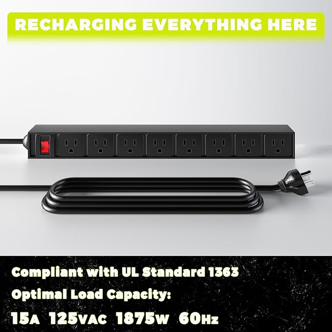 Power Tool Organizer with Charging Station, Built in 8 Outlet Power Strip,Large 8 Drill Holder Wall Mount, Heavy Duty Metal Power Tool Storage Rack Tool Shelf for Garage Organization Black