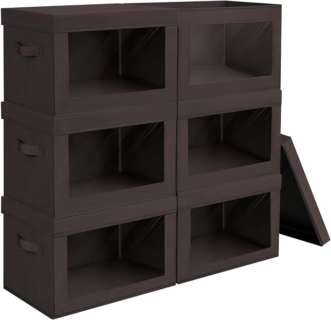 Homsorout Stackable Storage Bins with Lids - Large Storage Box with Lids, Foldable Closet Boxes for Organizing, Wardrobe Clothes Organizer with Window, Cubes Bins for Living Room, 6 Pack, Brown