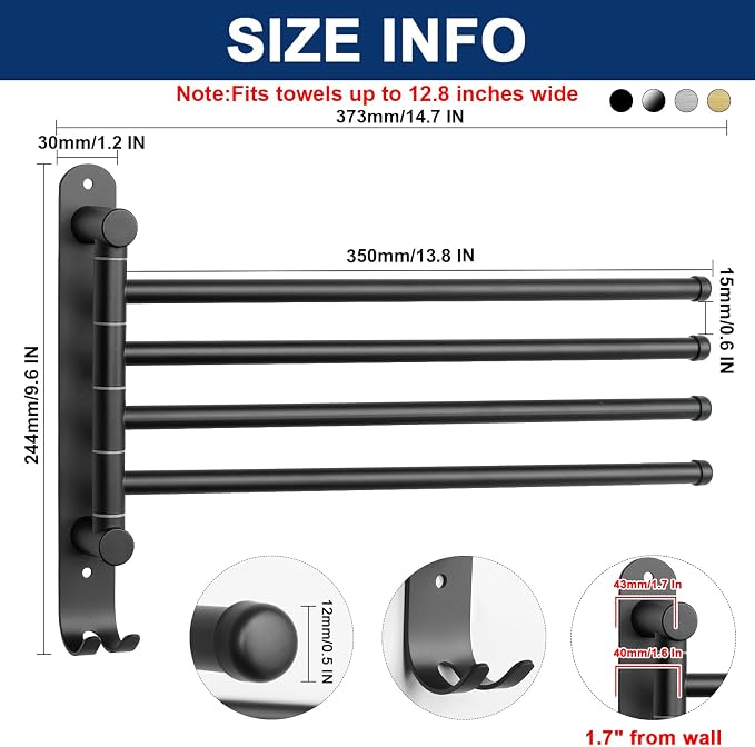 NearMoon Swivel Towel Rack, 13.8" Thicken 304 Stainless Steel 4-Arm Towel Bar, Space Saving Wall Mounted Towel Holder with Hook, Rustproof Swing Out Towel Hanger for Bathroom, Kitchen (Matte Black)