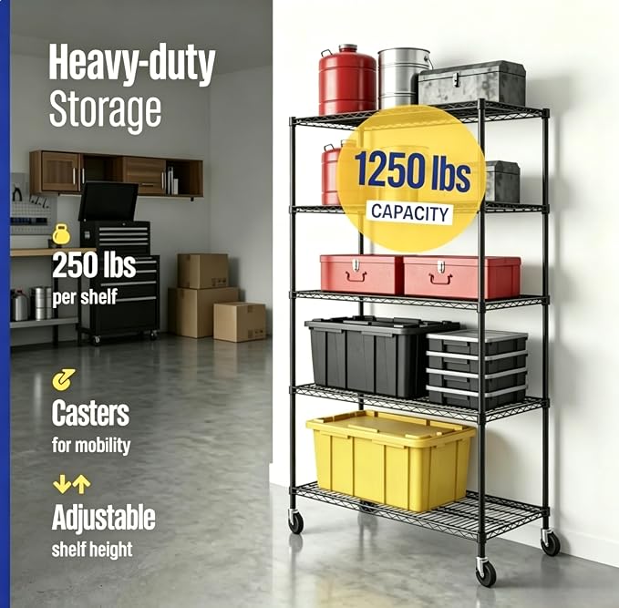 Simple Deluxe 5-Tier Heavy Duty Storage Shelving Unit, 1250 Lbs Loading Capacity, 29.92" W x 13.98" D x 61.02" H, Black