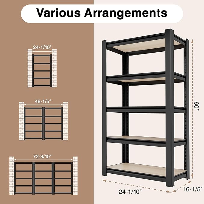 WORKPRO 5-Tier Black Shelving with Board, 24.1”Wx16.2”Dx60”H, 3000LBS Load | Boltless, Adjustable,Waterproof Board, 3000lbs Heavy Duty