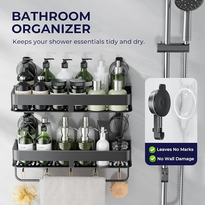 Corner Shower Caddy,Suction Cup Shower Caddy with Hooks,No Drilling Rustproof Aluminum Bathroom Organizers and Storage,Shelves for Bathroom Accessories Decor (15.7inch-Gunmetal Gray)
