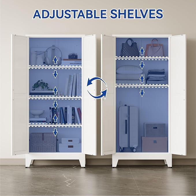 COFaR 61'' Tall Metal Storage Cabinet, Farmhouse Kitchen Pantry Cabinet with Doors and 3 Adjustable Shelves, White Metal Cabinets for Kitchen, Bathroom, Laundry, Garage, 4-Tier
