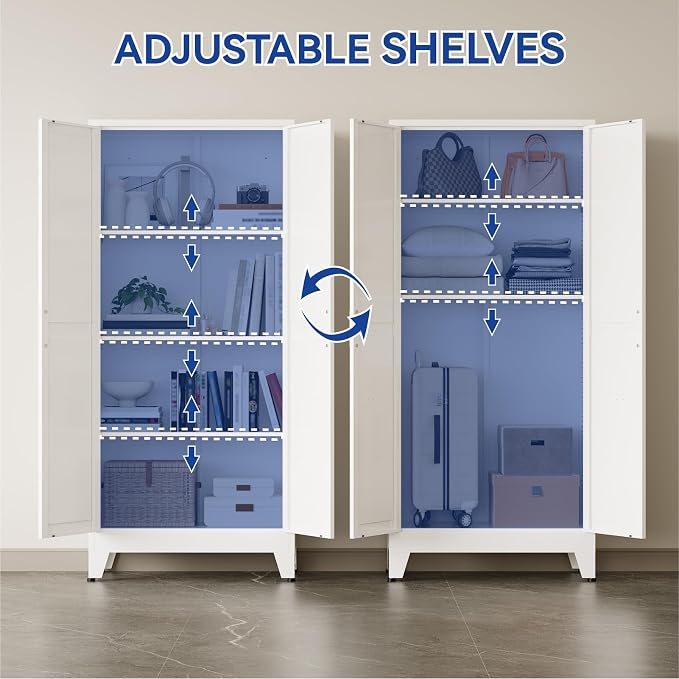 COFaR Metal Pantry Cabinet with Doors, Farmhouse 61'' Tall Storage Cabinet with 3 Adjustable Shelves, Kitchen Pantry Cabinet for Dinning Room, Laundry, Bathroom, Garage, White 4-Tier