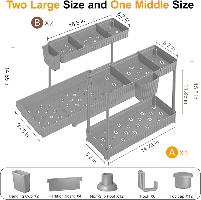 Sevenblue 3-Pack 2-Tier L-Shaped Under Sink Organizers with Sliding Drawers | Multi-use kitchen & bathroom storage, 14.85 inch grey cabinet organizer, space-saving sliding drawer design.