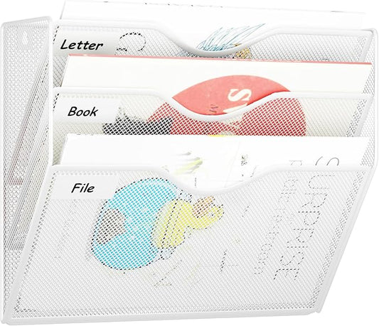 3 Pockets Hanging Wall File Organizer Mail Holder, Wall Mounted Paper Document Folder Holder, Clipboard Storage Organization Magazine Rack, White