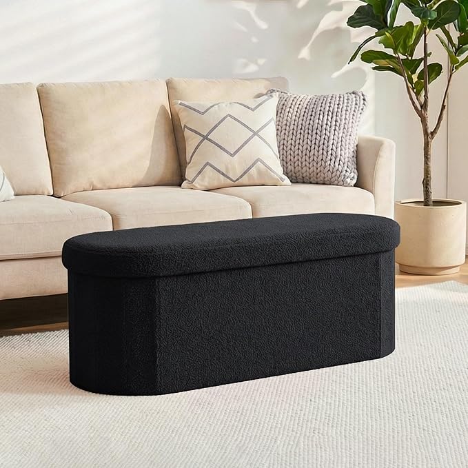 43 Inches Oval Ottoman with Storage, Boucle Sherpa Storage Ottoman Bench, Folding Foot Rest Chest for Bedroom Living Room