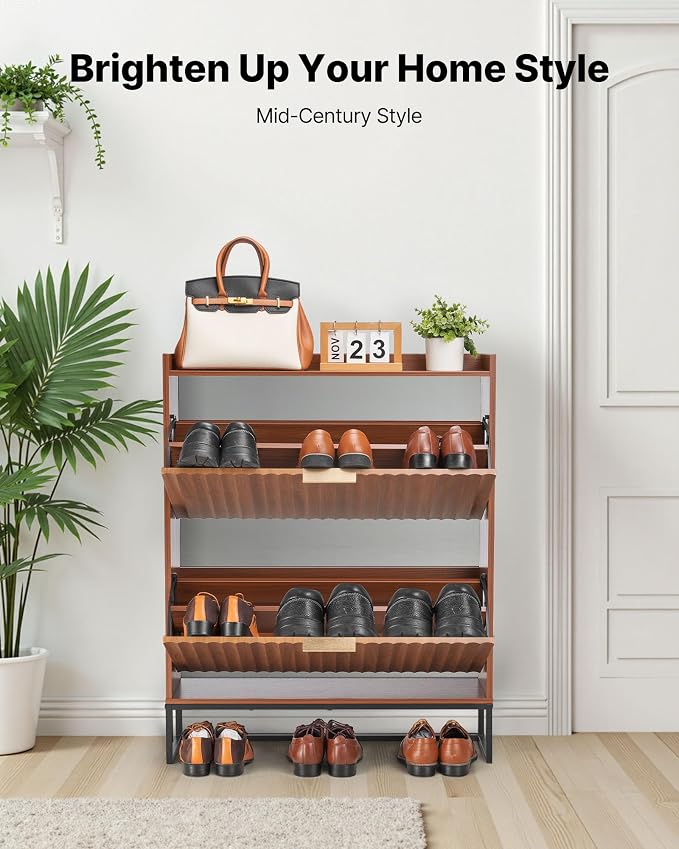 VEVOR Shoe Cabinet with 2 Flip Drawers, Mid-Century Shoes Storage Cabinet with Anti-Tipping Device, Freestanding Fluted Shoe Organizer, Ideal for Entrance, Hallway, Bedroom, Living Room, Walnut