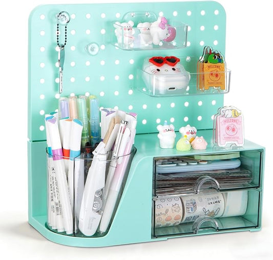 Comix Desk Organizer with 2 Drawer, Green 360° Rotating Pen Holder for Desk | Desk Organizers and Accessories with 5 Slots Pencil Holder+Pegboard+Drawer, Pen Organizer for Home School Art Office Supplies