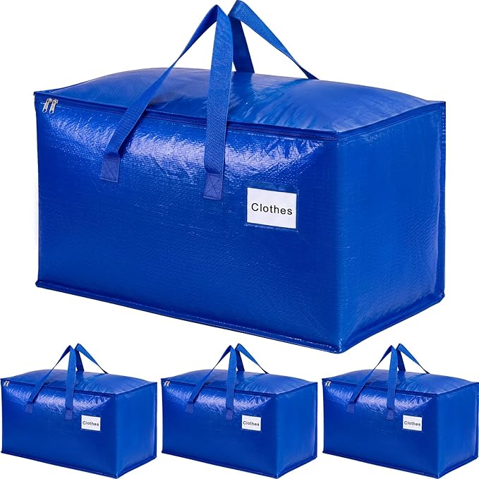 KYODOLED 4-Pack Extra Large Moving Bags, Lightweight Blue Storage Totes 24 Gal (27"x13"x15"), Heavy Duty 55lb Capacity PE Packing Bags for College Dorm, Closet Organization & Space Saving