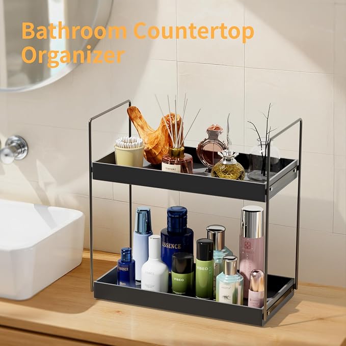 NPPLUS Bathroom Countertop Organizer, 2 Tier Metal Vanity Counter Skincare Shelf, Matte Black, 13.6"L x 6.9"W x 13.8"H | Metal Vanity Counter Skincare Shelf, Under Sink Standing Rack, Home Storage Holder For Lotion Makeup Cosmetics Perfume Spice