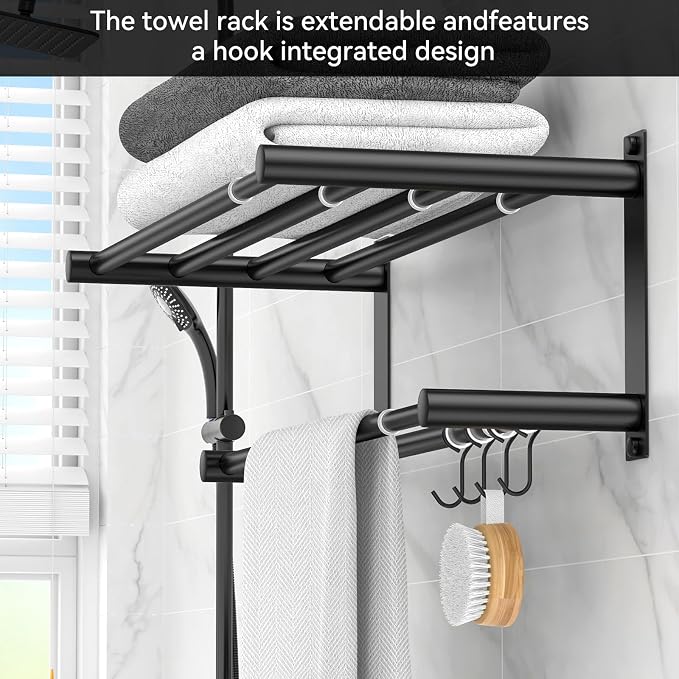 CAXIMSY Black Adjustable Black Towel Bar for Bathroom Wall Mount17-30.7inch Adhesive Shower Towel Rack Stainless Steel Bath Towel Holders for Toilet Kitchen Double Towel Hanger
