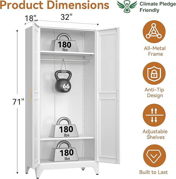 Polup 71" Metal Armoire Wardrobe Closet with Doors and Adjustable Shelves | Tall Freestanding Wardrobe Cabinet for Clothes, Heavy Duty, Hanging Rod, Bedroom, Office, School, Employee, Garage, White