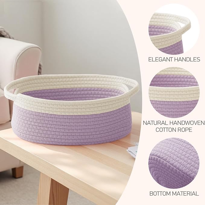 JMvicyroam Small Woven Basket, Empty Gift Basket, White&Purple/3 Pack | Small Gift Basket, Cotton Rope, 12 x 8 x 56 in, Handles, Includes Ribbon and Bag, Birthday Gift Basket
