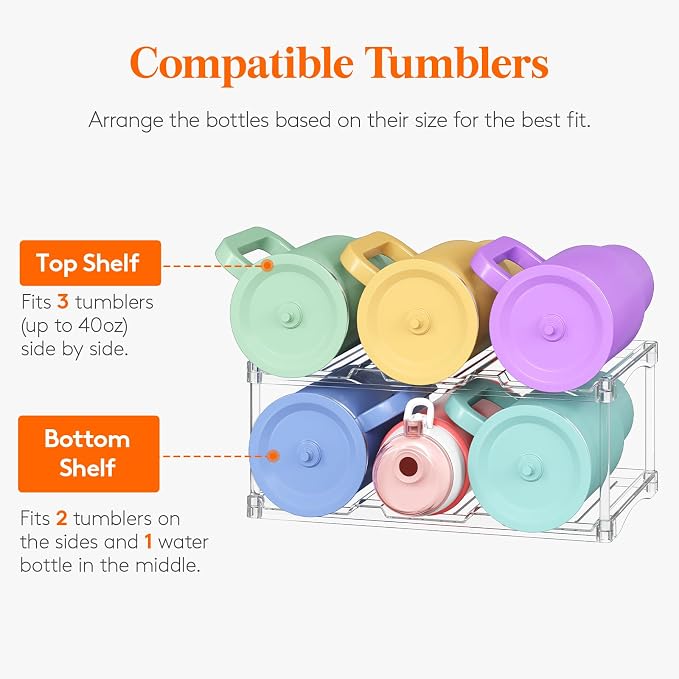 Lifewit Stackable Bottle Storage Organizer, Clear Freestanding Wine Holder for Cabinet, Large Slot Water Bottle Tumbler Cup Organizer for Pantry, Plastic Wine Rack for Fridge Cellar, 2Tier Hold 6