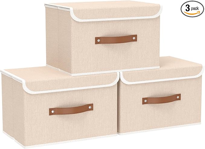 Yawinhe Storage Bins with Lids,Beige,17.7x11.8x11.8in,3-Pack | Fabric Container with Leather Handle,Washable Home Basket, Clothes Blanket Storage Boxes,Collapsible Closet Organizer